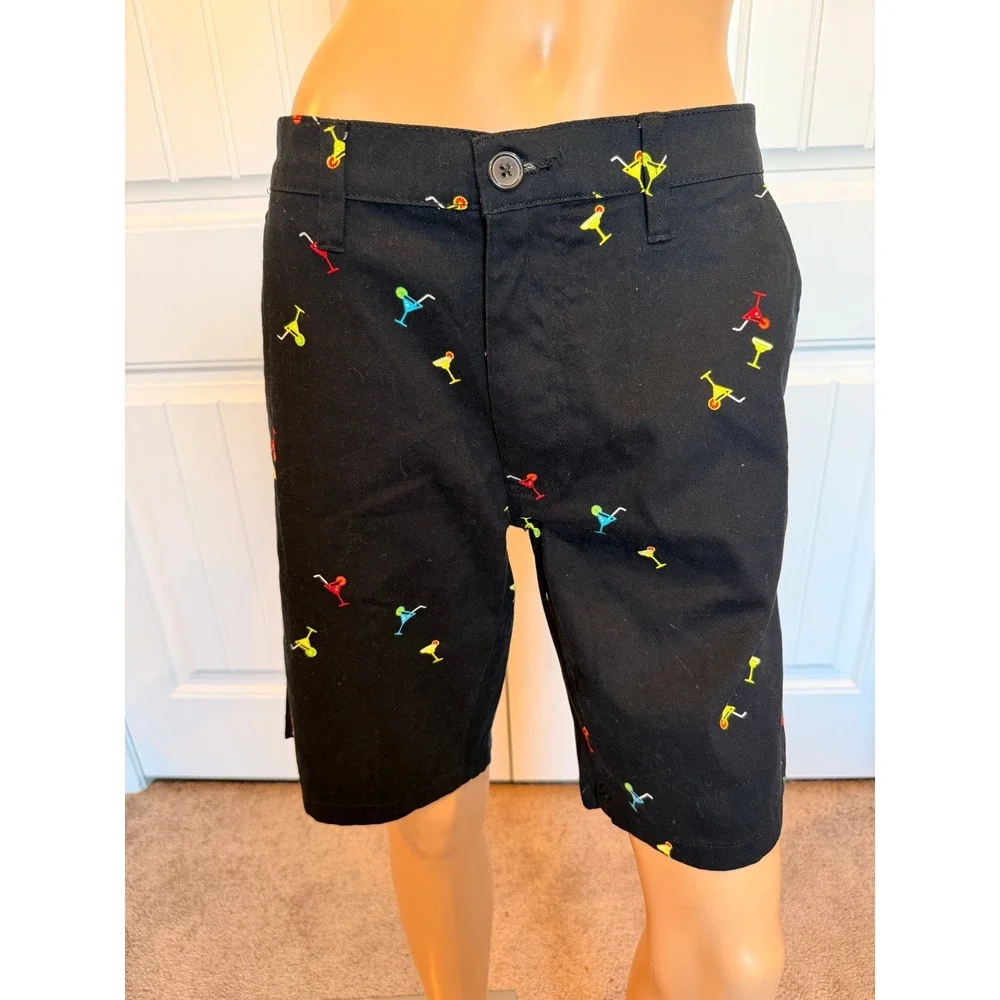 Raw Yarn Industries Black Cocktail Martini Embroidered Stretch Twill Shorts 32